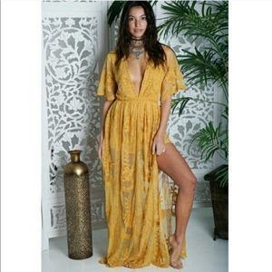 Marigold deep-v full length embroidered lace dress